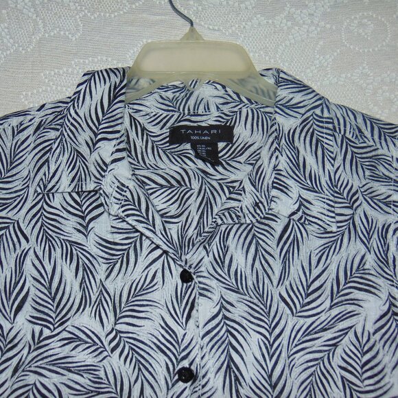 Tahari 100% Linen Blouse Sleeveless Leaf Pattern XL Button Up Women's Beach - Picture 2 of 8